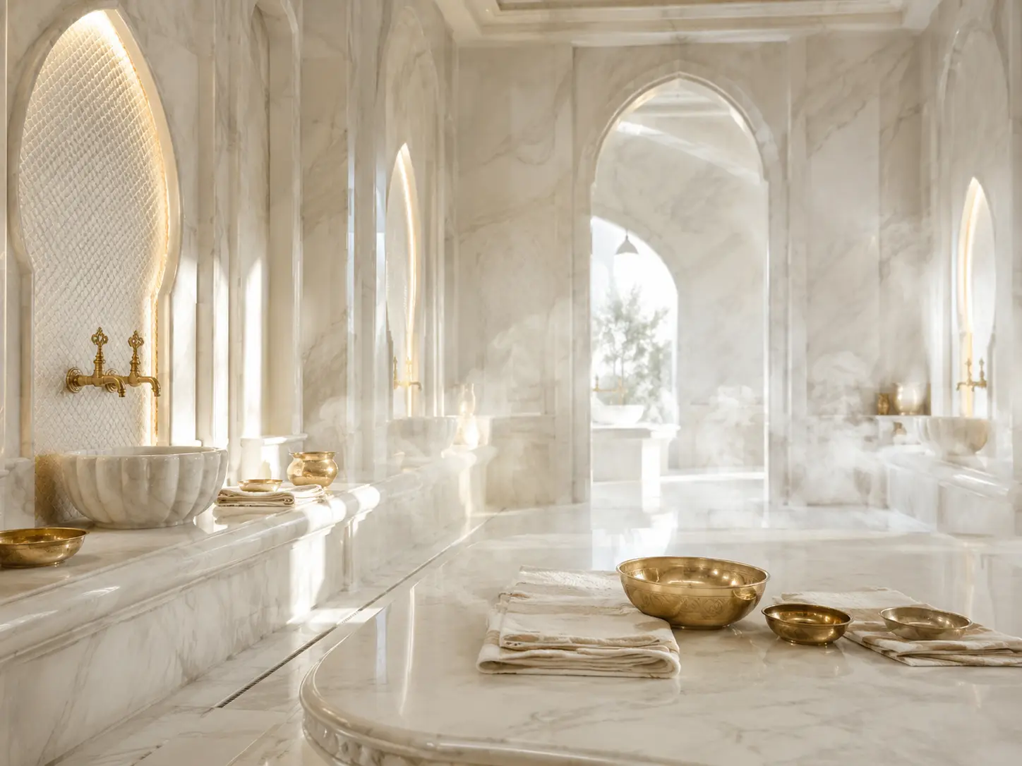 Açık renk mermerlerle tasarlanmış geleneksel hamam